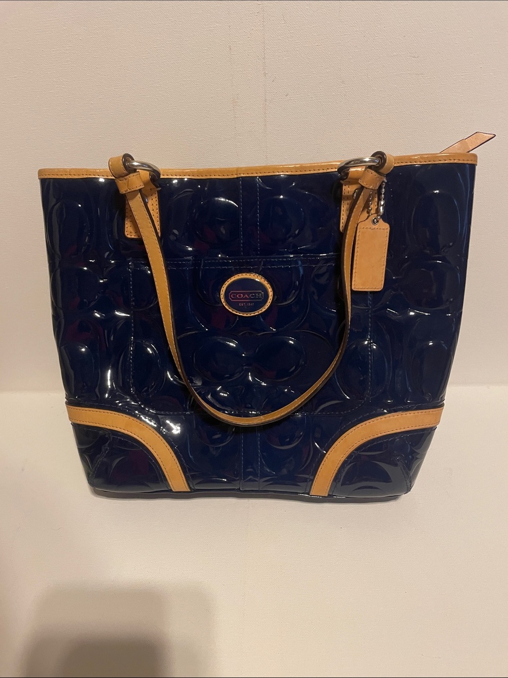 Coach Glossy Navy Patent Tote with Tan Trim
